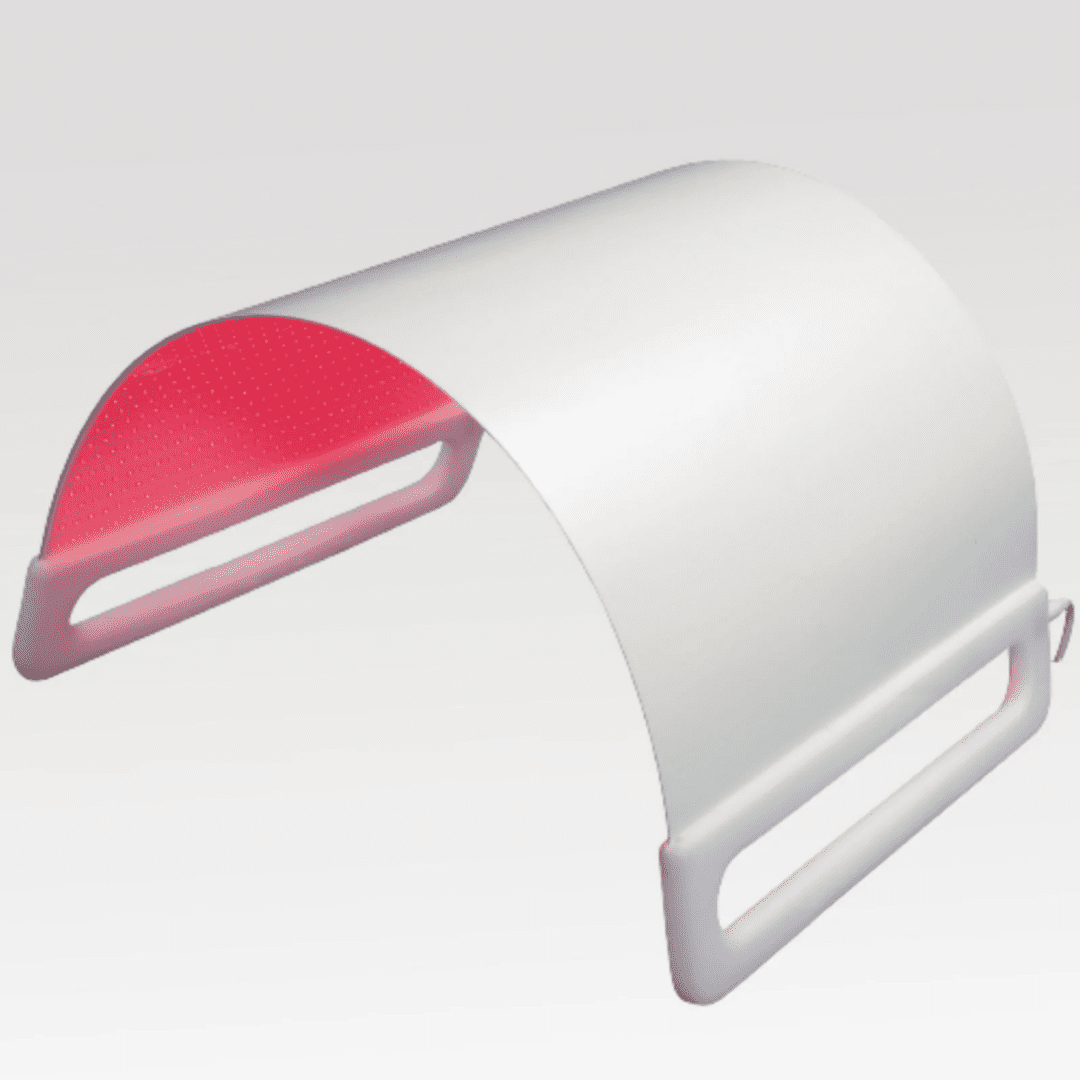 A white curved object with red accents.